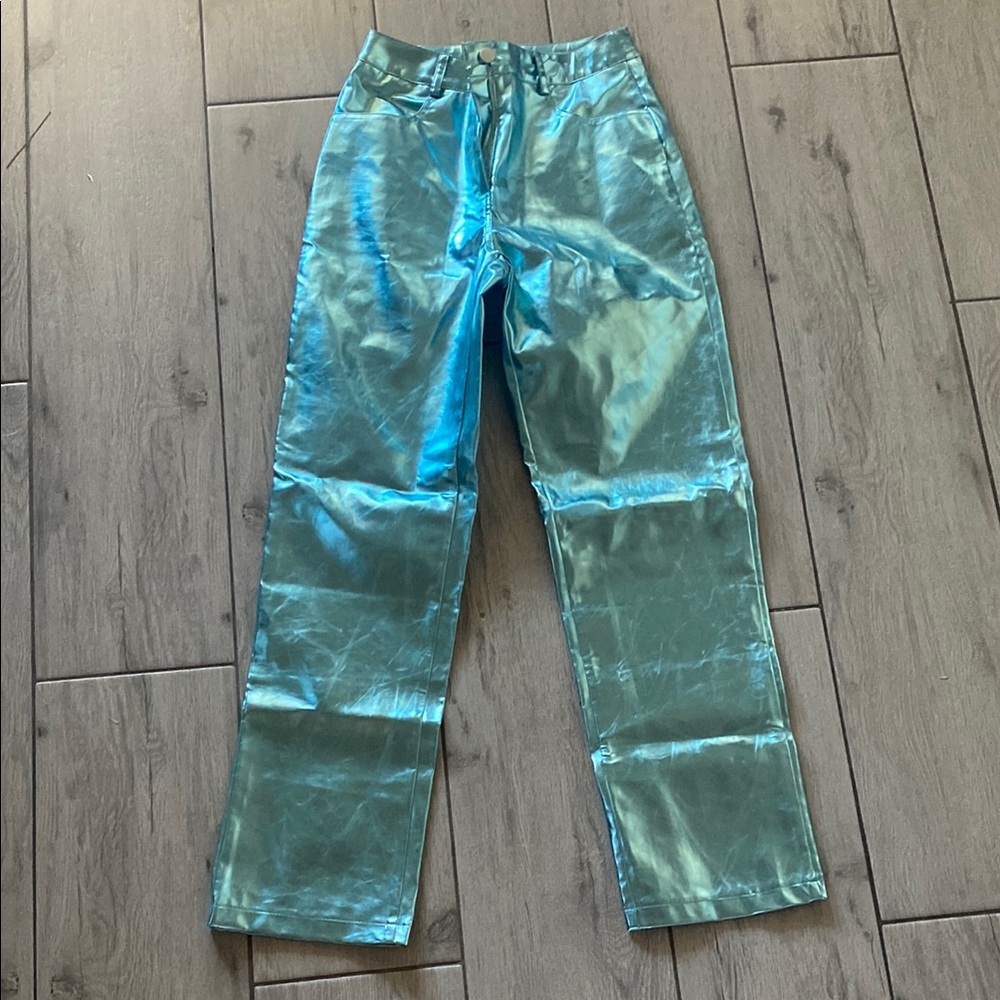 Dressed in LALA AMYLYNN Metallic Blue Straight Leg Pants